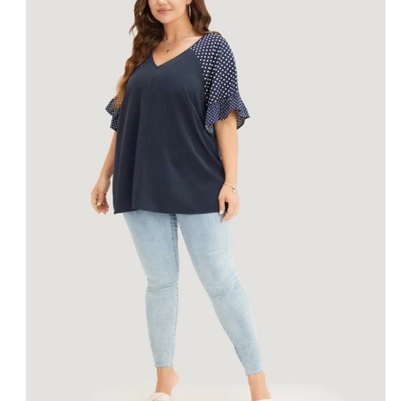 NWT- Bloomchic Navy Polka Dot Raglan Sleeve Ruffle Trim Blouse - Picture 2 of 6